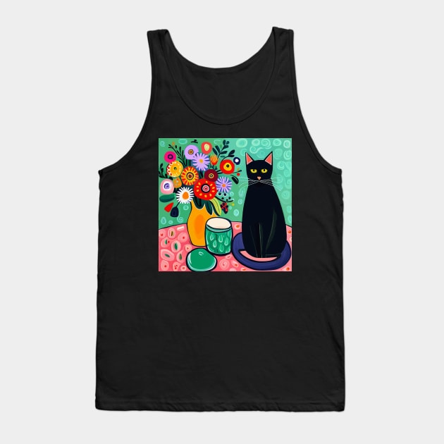 Black Cat with Still Life Flowers in a Yellow Vase Still Life Painting Tank Top by bragova